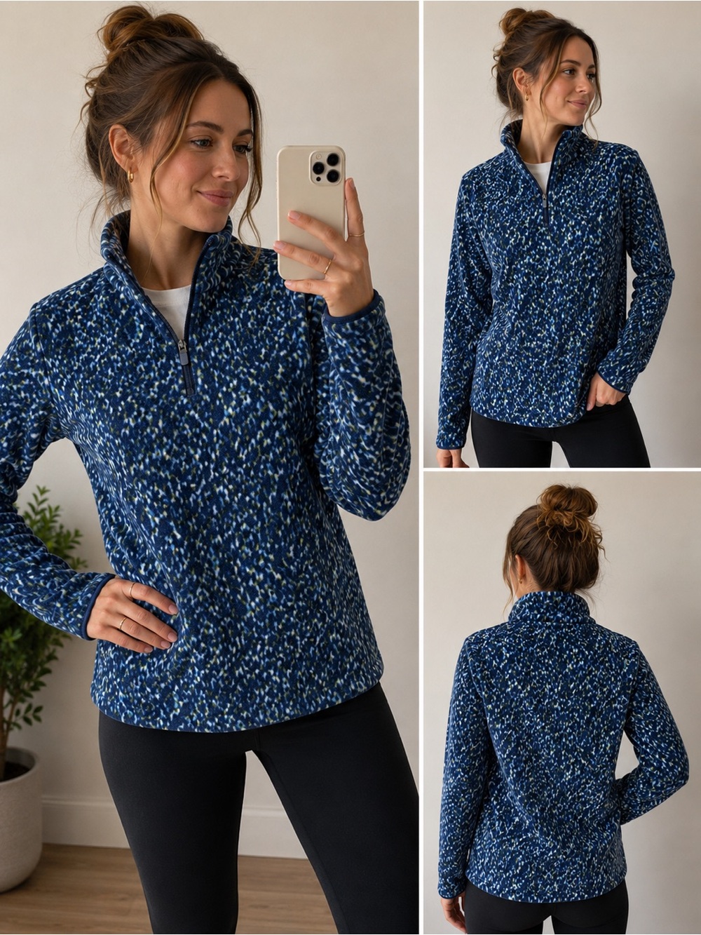 Lands' End Navy and Light Blue Speckled Half-Zip Fleece